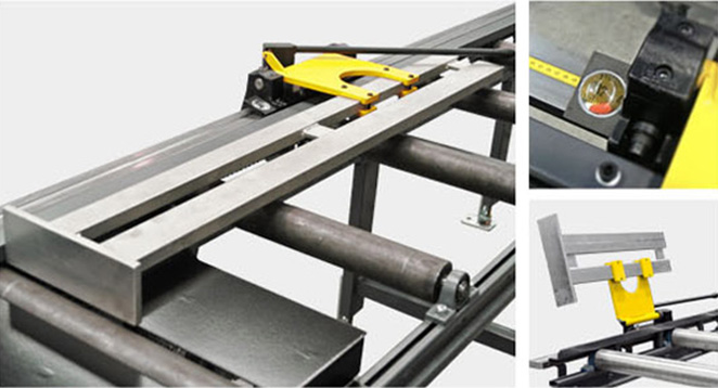 XA measuring stop with simple adjusting and uncomplicated control. With a standard length 2, 3, 4, 5, and 6 m, it is suitable for every saw. The guide-rail is fitted with a measuring tape along its whole length. The stop arm may be tilted to enable the material to pass through.